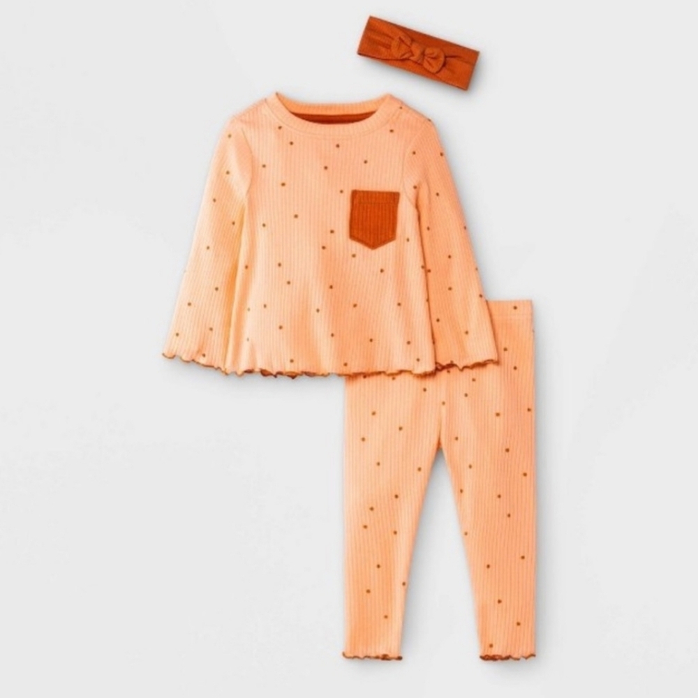 NWOT Cat & Jack 3 Pc. Peach Orange Polka Dot Kids Set Size 12 Months